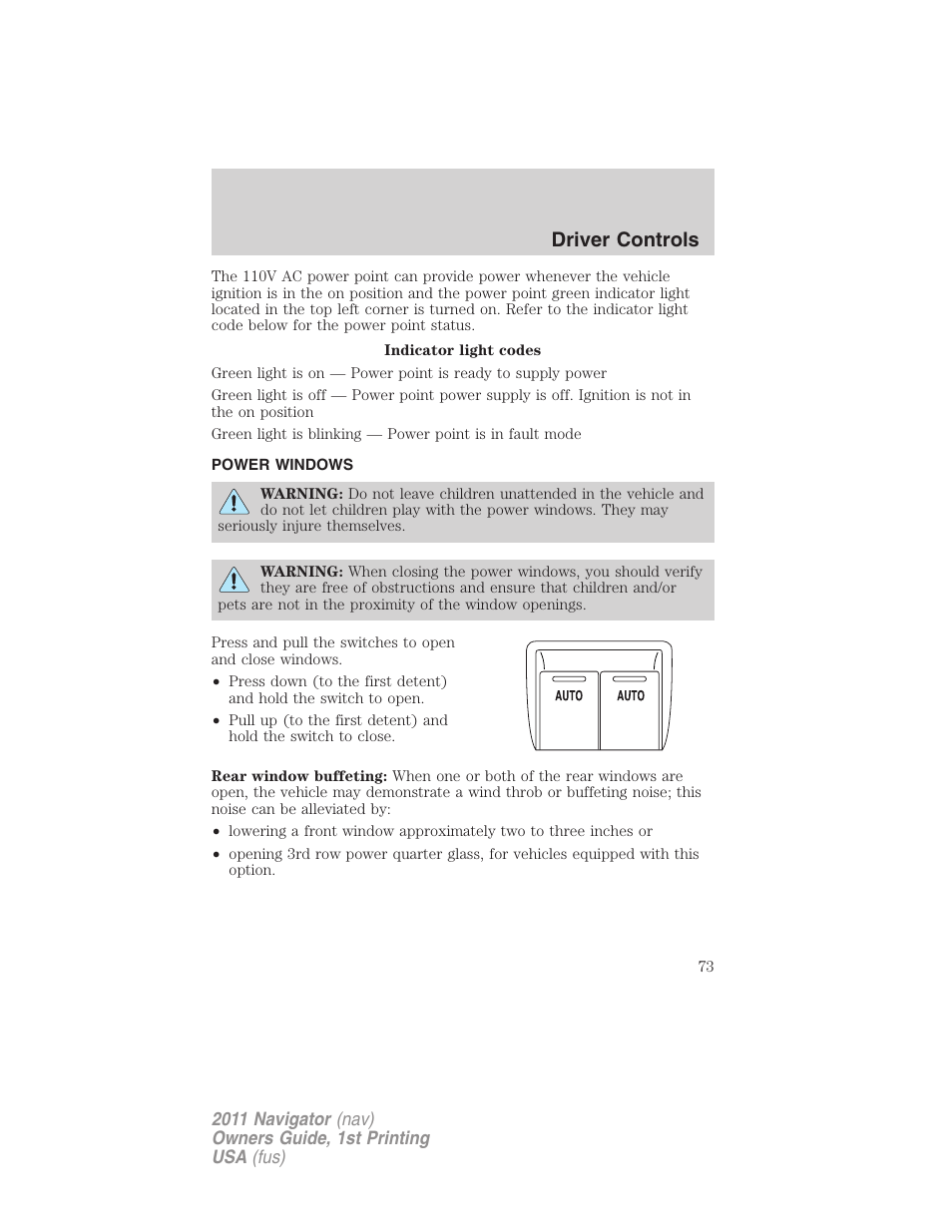 Power windows, Driver controls | Lincoln 2011 Navigator User Manual | Page 73 / 370