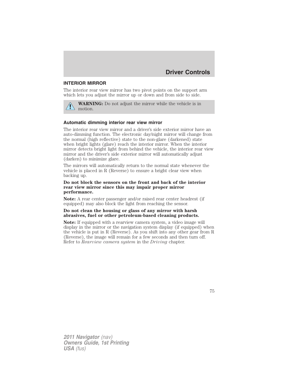 Interior mirror, Automatic dimming interior rear view mirror, Mirrors | Driver controls | Lincoln 2011 Navigator User Manual | Page 75 / 370