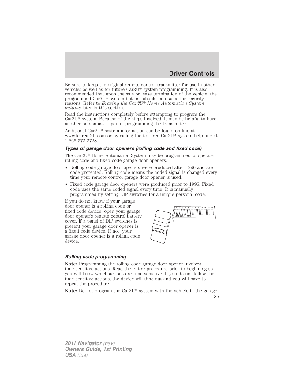 Rolling code programming, Driver controls | Lincoln 2011 Navigator User Manual | Page 85 / 370