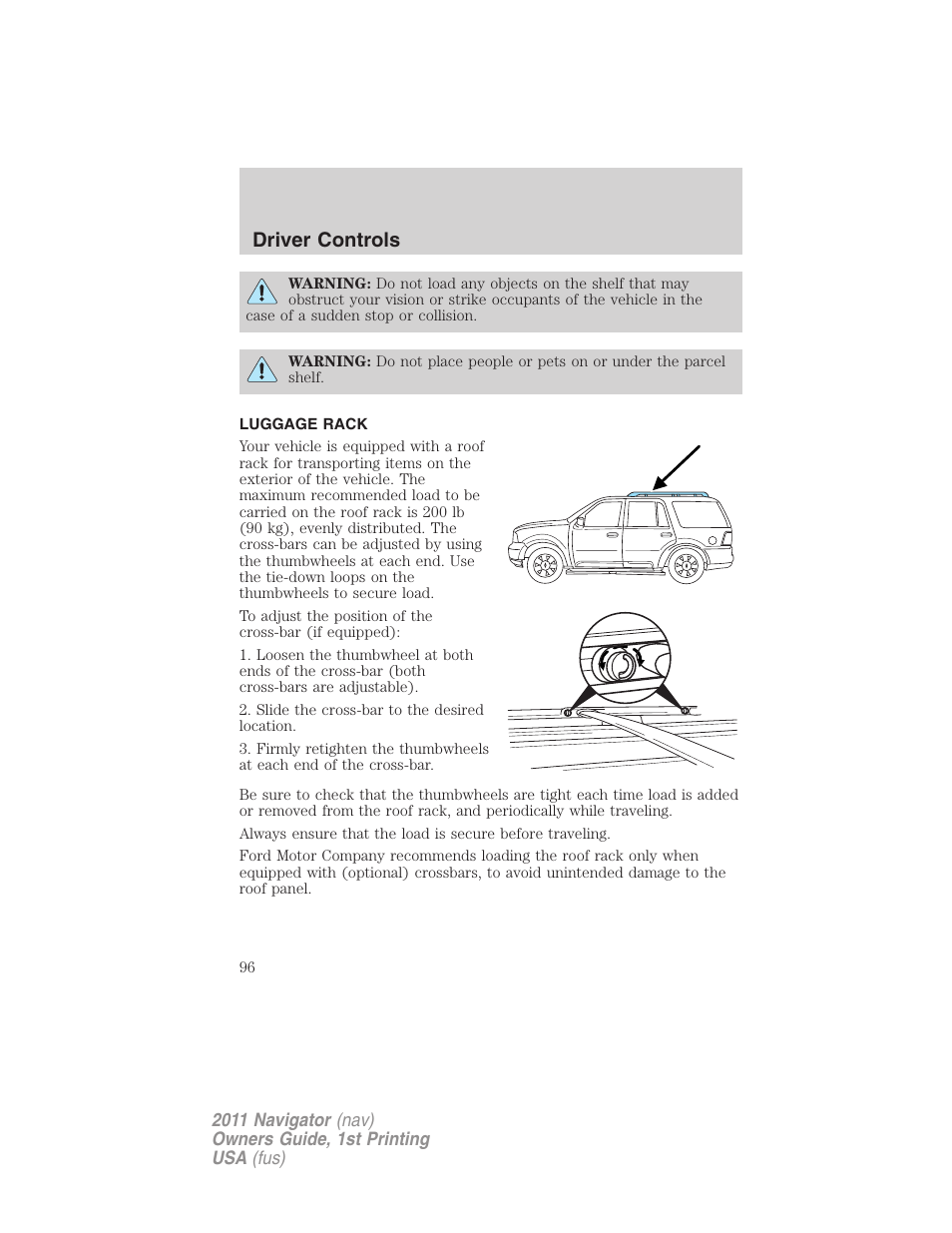 Luggage rack, Driver controls | Lincoln 2011 Navigator User Manual | Page 96 / 370