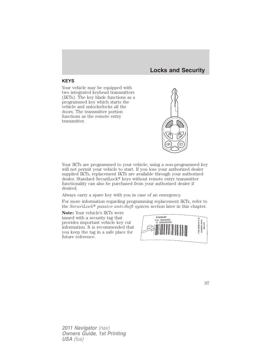 Locks and security, Keys | Lincoln 2011 Navigator User Manual | Page 97 / 370