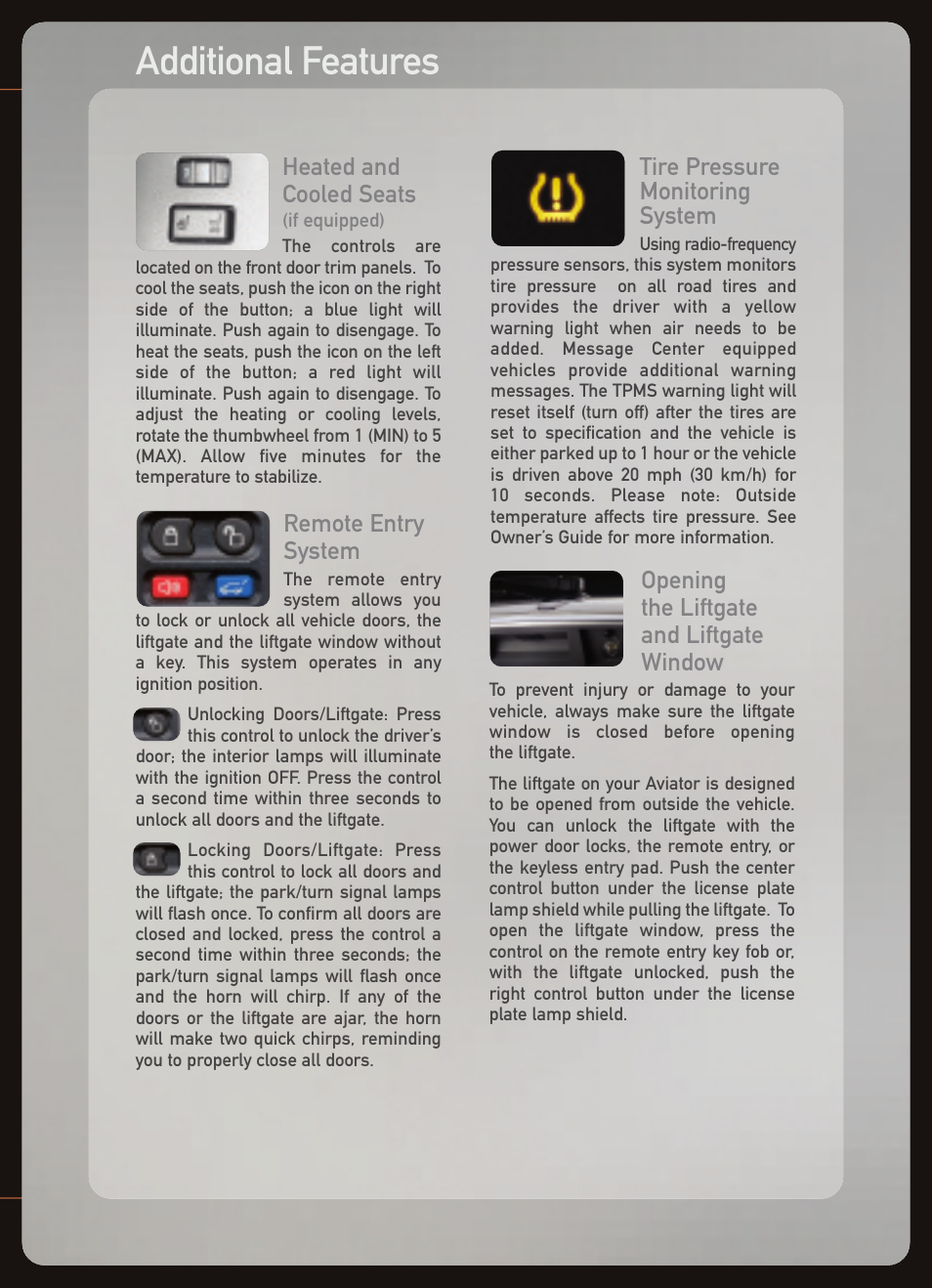 Additional features, Heated and cooled seats, Tire pressure monitoring system | Remote entry system, Opening the liftgate and liftgate window | Lincoln 2005 LS User Manual | Page 3 / 12