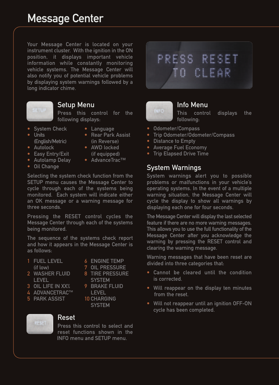 Message center, Reset, Info menu | Setup menu, System warnings | Lincoln 2005 LS User Manual | Page 8 / 12