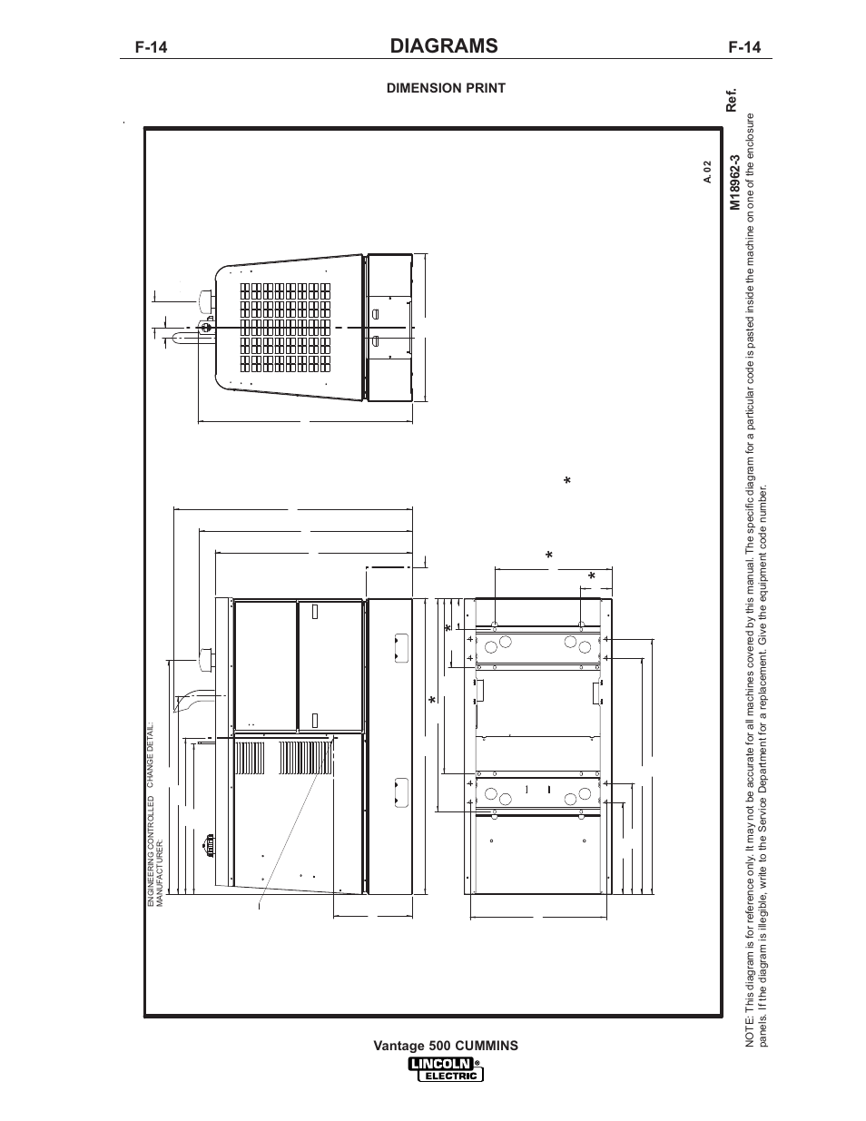 Diagrams, F-14, Vantage 500 cummins | Dimension print | Lincoln VANTAGE 500 User Manual | Page 48 / 51