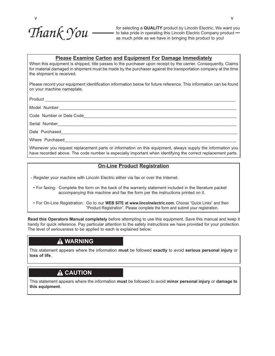 Warning, Caution | Lincoln VANTAGE 500 User Manual | Page 6 / 51