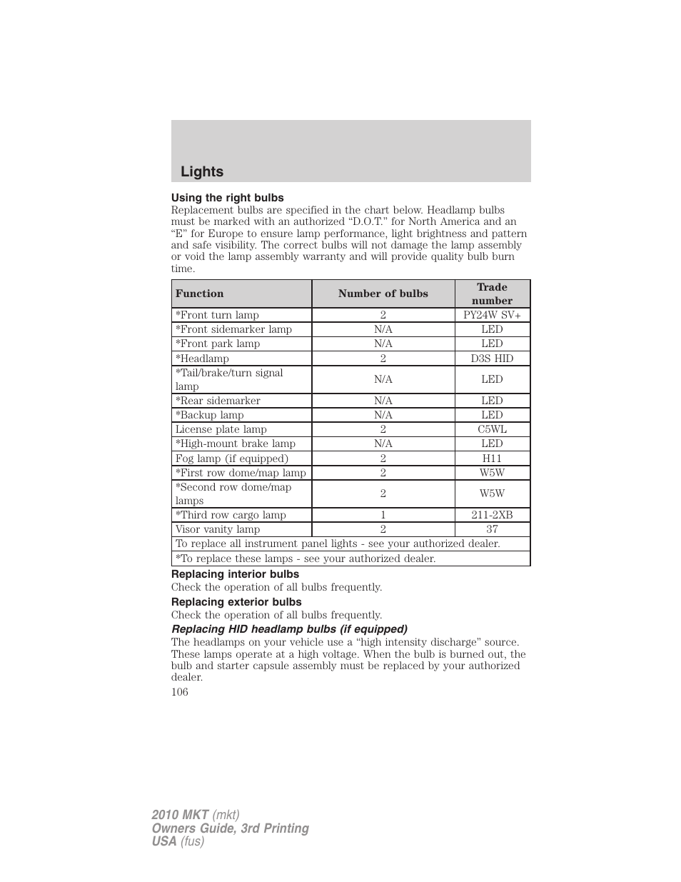 Using the right bulbs, Replacing interior bulbs, Replacing exterior bulbs | Replacing hid headlamp bulbs (if equipped), Lights | Lincoln 2010 MKT User Manual | Page 106 / 433