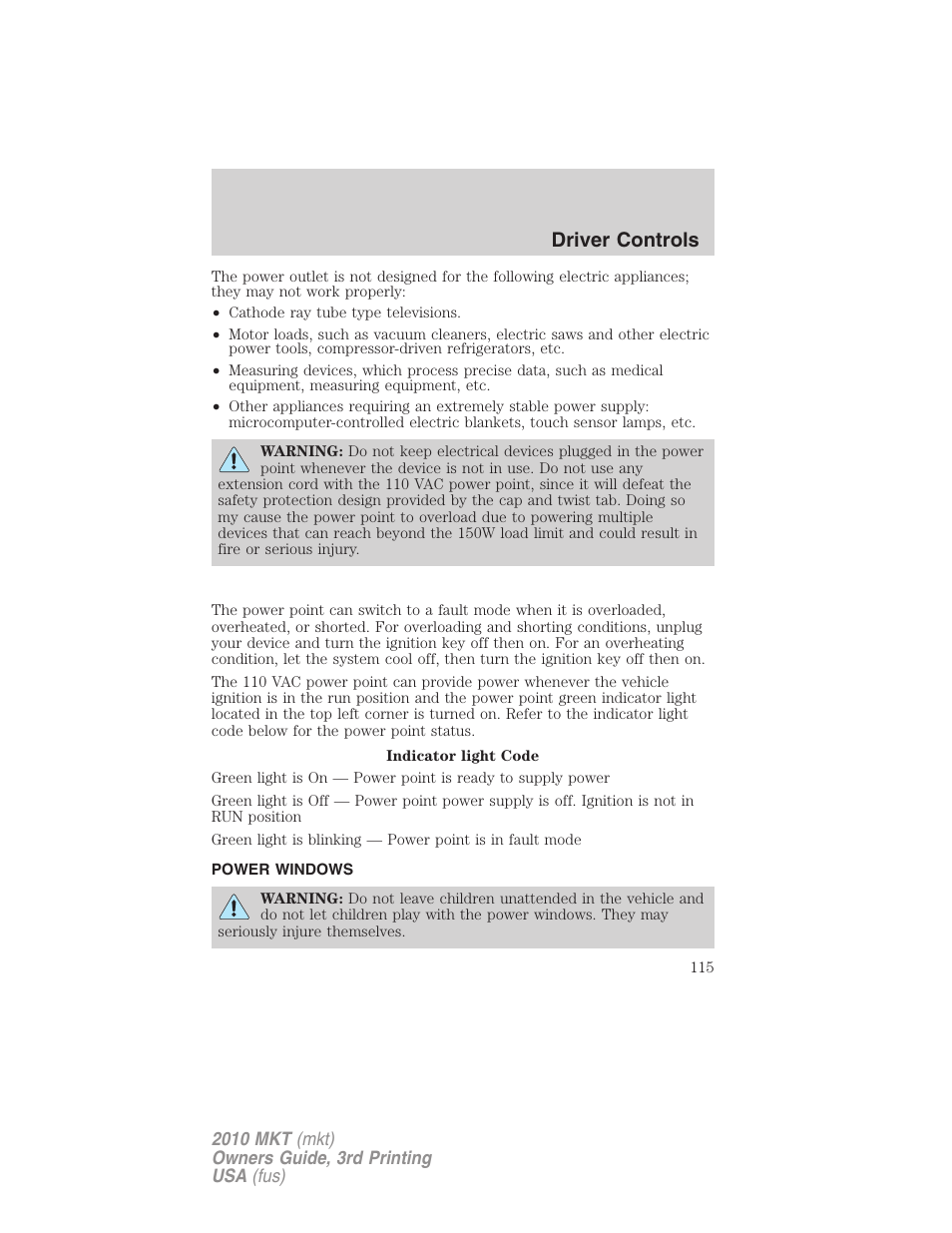 Power windows, Driver controls | Lincoln 2010 MKT User Manual | Page 115 / 433