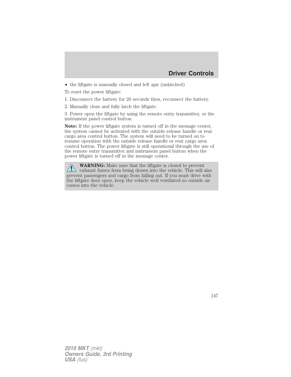 Driver controls | Lincoln 2010 MKT User Manual | Page 147 / 433