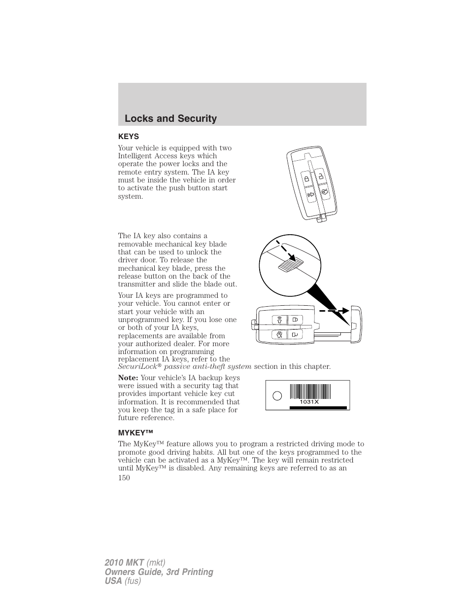 Locks and security, Keys, Mykey | Lincoln 2010 MKT User Manual | Page 150 / 433