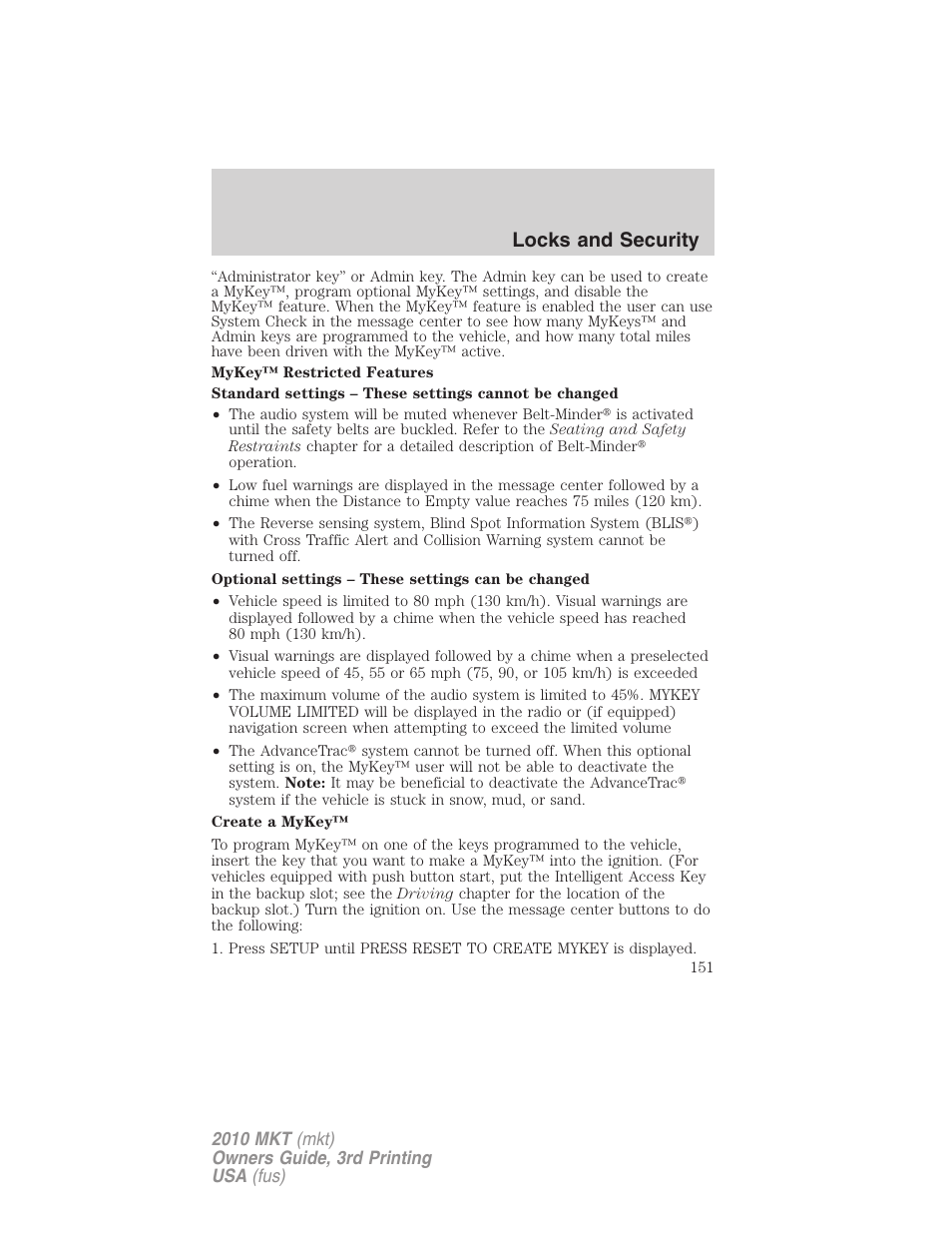 Locks and security | Lincoln 2010 MKT User Manual | Page 151 / 433