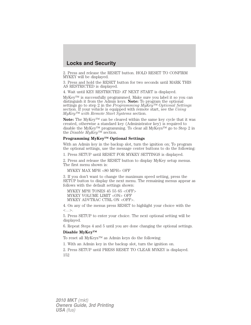Locks and security | Lincoln 2010 MKT User Manual | Page 152 / 433