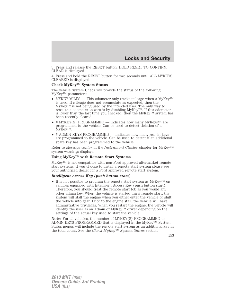 Locks and security | Lincoln 2010 MKT User Manual | Page 153 / 433