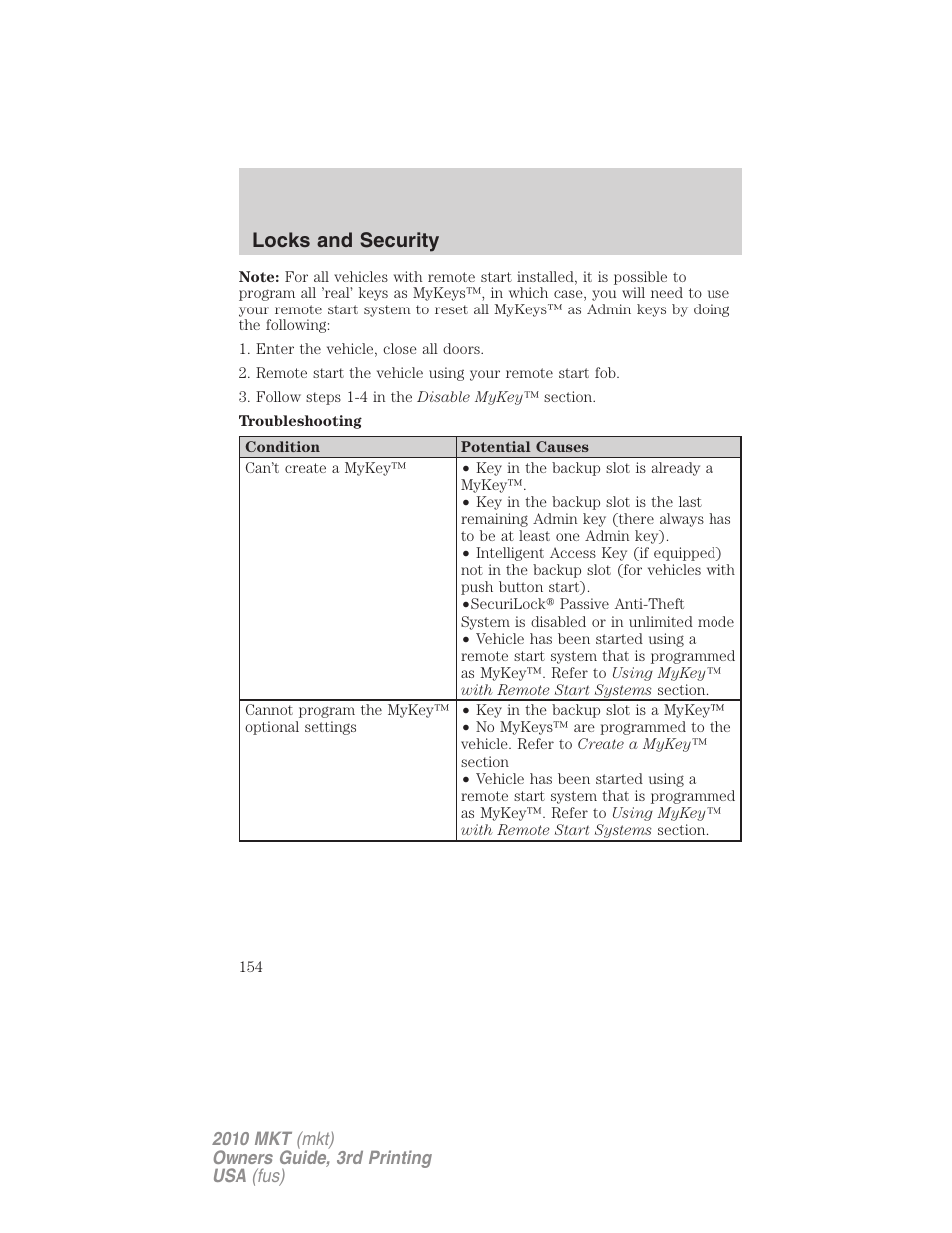 Locks and security | Lincoln 2010 MKT User Manual | Page 154 / 433