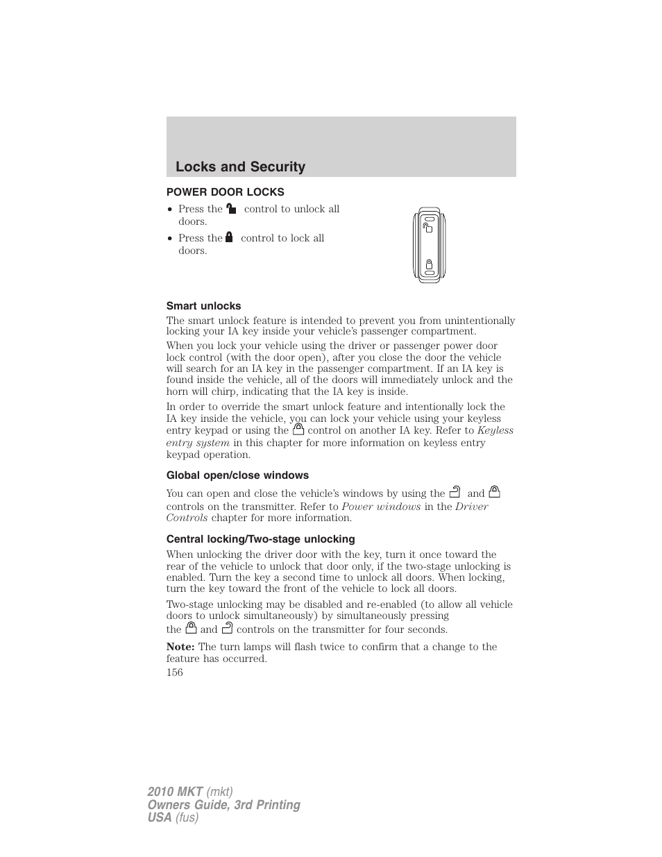 Power door locks, Smart unlocks, Global open/close windows | Central locking/two-stage unlocking, Locks, Locks and security | Lincoln 2010 MKT User Manual | Page 156 / 433