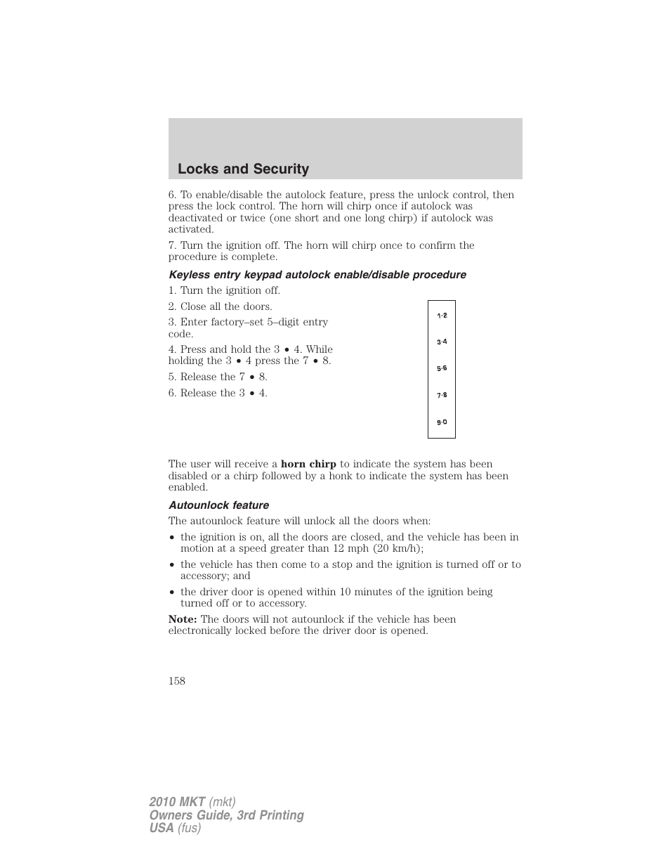 Autounlock feature, Locks and security | Lincoln 2010 MKT User Manual | Page 158 / 433