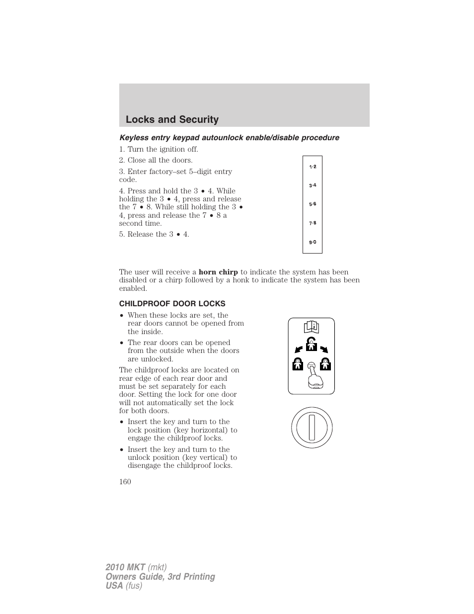 Childproof door locks, Locks and security | Lincoln 2010 MKT User Manual | Page 160 / 433