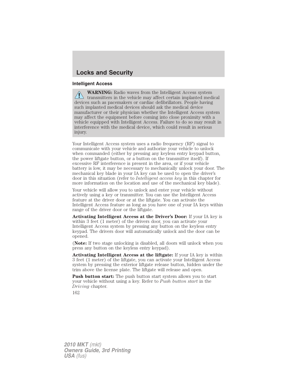 Intelligent access, Locks and security | Lincoln 2010 MKT User Manual | Page 162 / 433