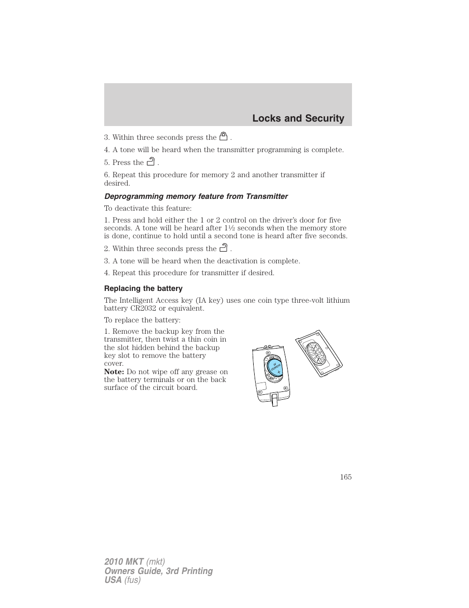 Deprogramming memory feature from transmitter, Replacing the battery, Locks and security | Lincoln 2010 MKT User Manual | Page 165 / 433