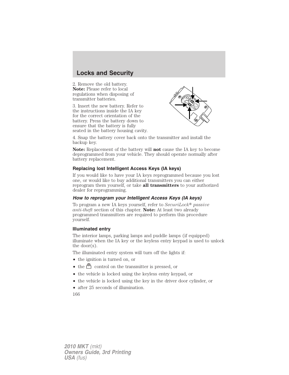 Replacing lost intelligent access keys (ia keys), Illuminated entry, Locks and security | Lincoln 2010 MKT User Manual | Page 166 / 433