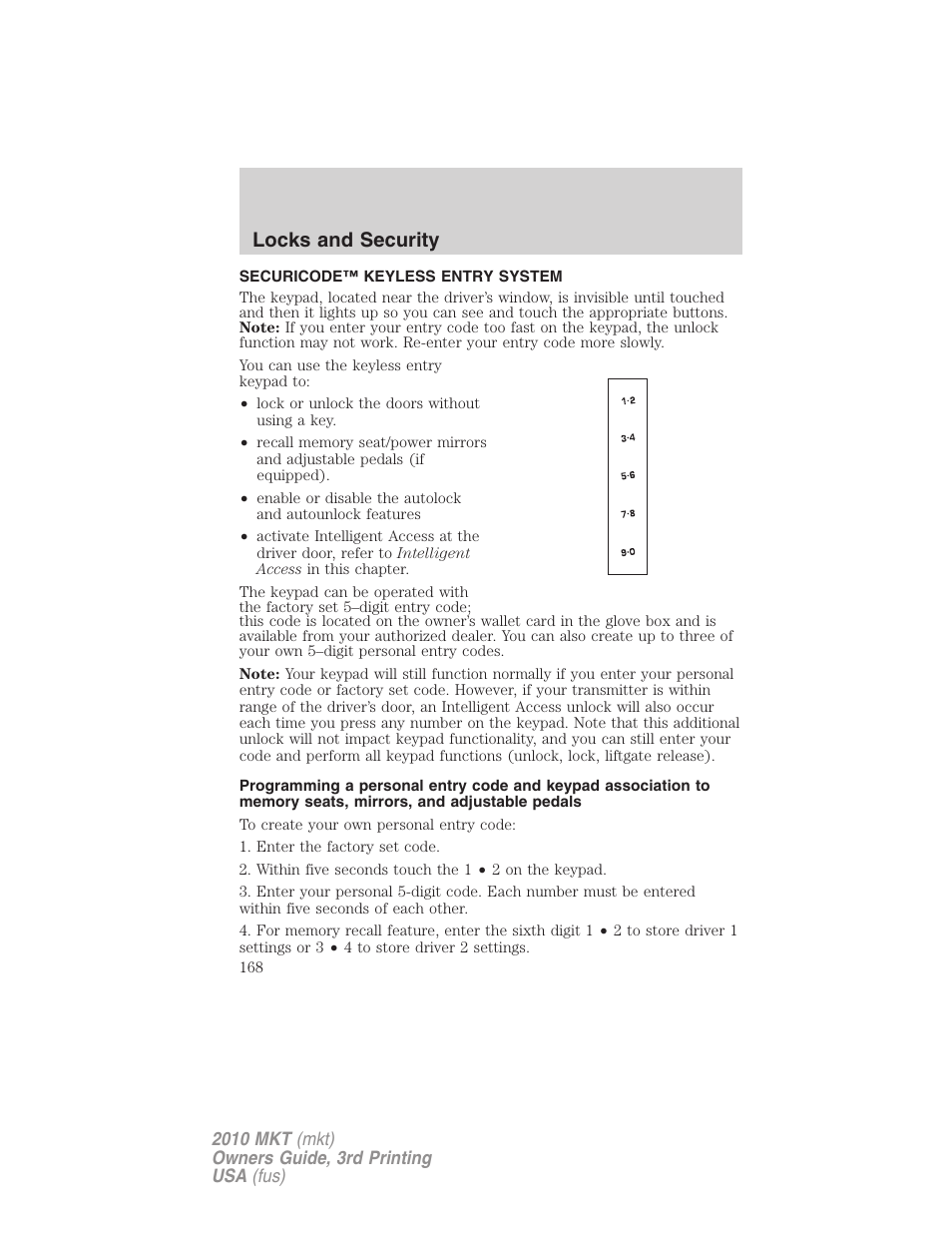 Securicode™ keyless entry system, Locks and security | Lincoln 2010 MKT User Manual | Page 168 / 433