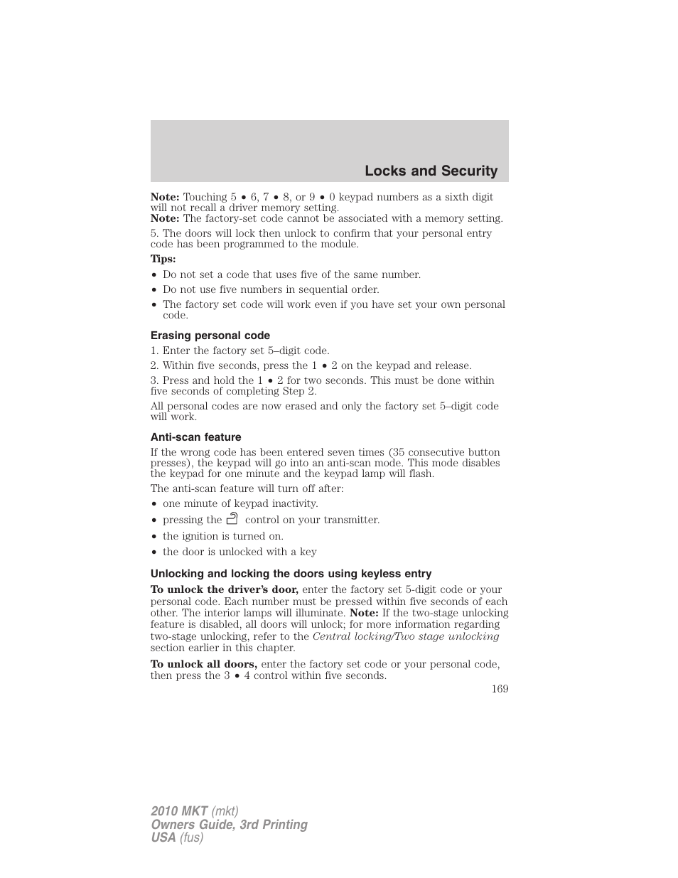Erasing personal code, Anti-scan feature, Locks and security | Lincoln 2010 MKT User Manual | Page 169 / 433