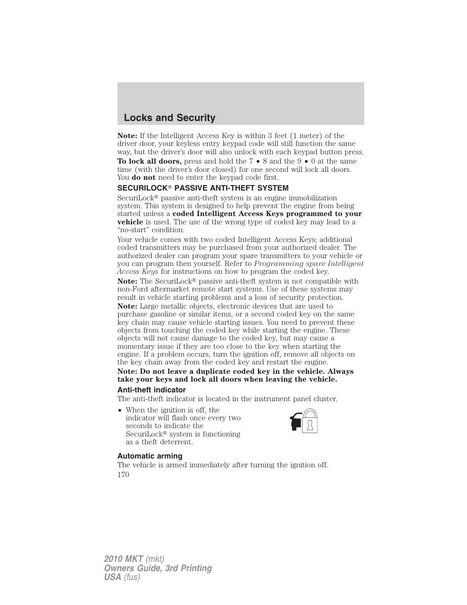 Securilock passive anti-theft system, Anti-theft indicator, Automatic arming | Anti-theft system, Locks and security | Lincoln 2010 MKT User Manual | Page 170 / 433
