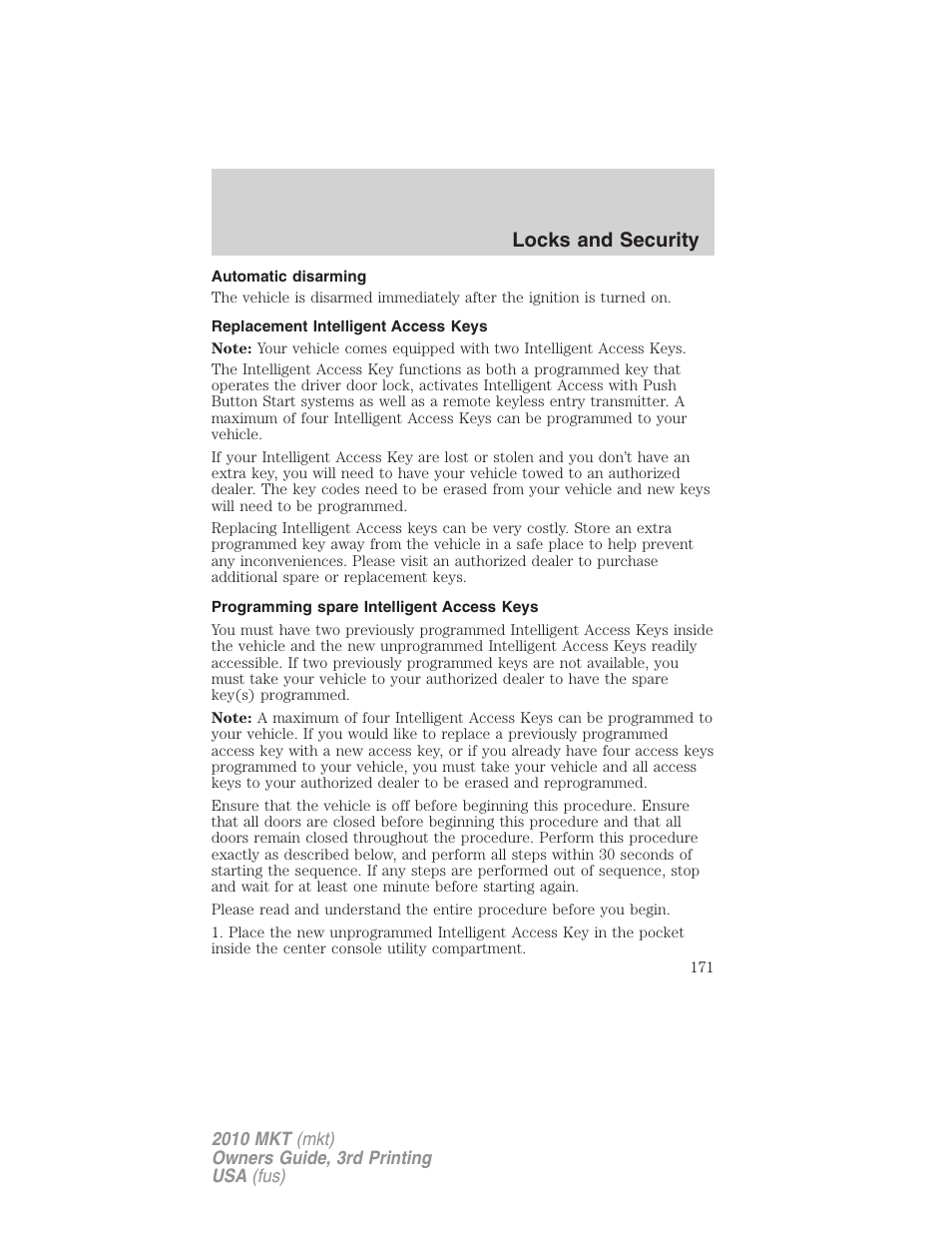 Automatic disarming, Replacement intelligent access keys, Programming spare intelligent access keys | Locks and security | Lincoln 2010 MKT User Manual | Page 171 / 433