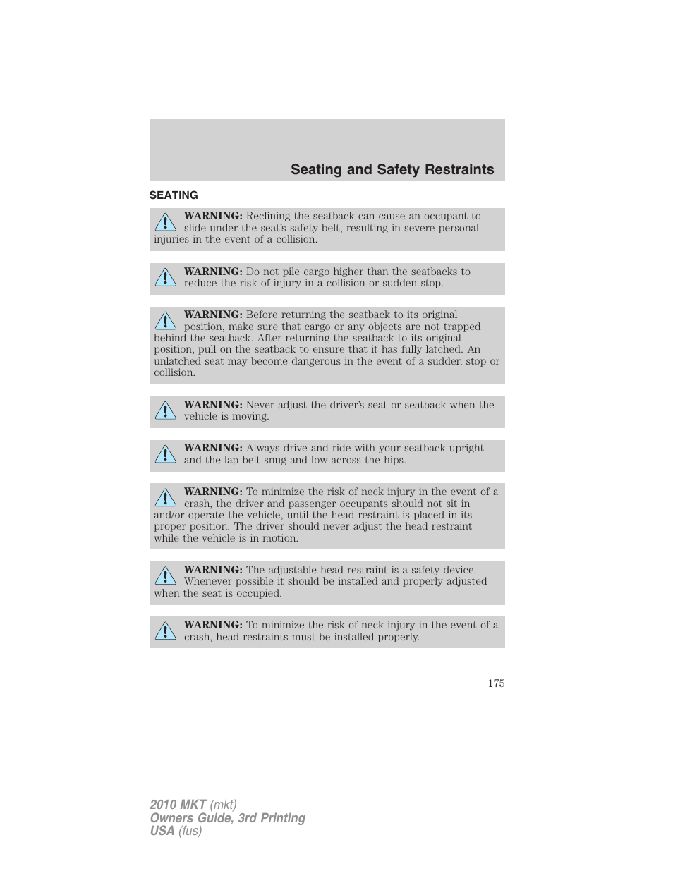 Seating and safety restraints, Seating | Lincoln 2010 MKT User Manual | Page 175 / 433