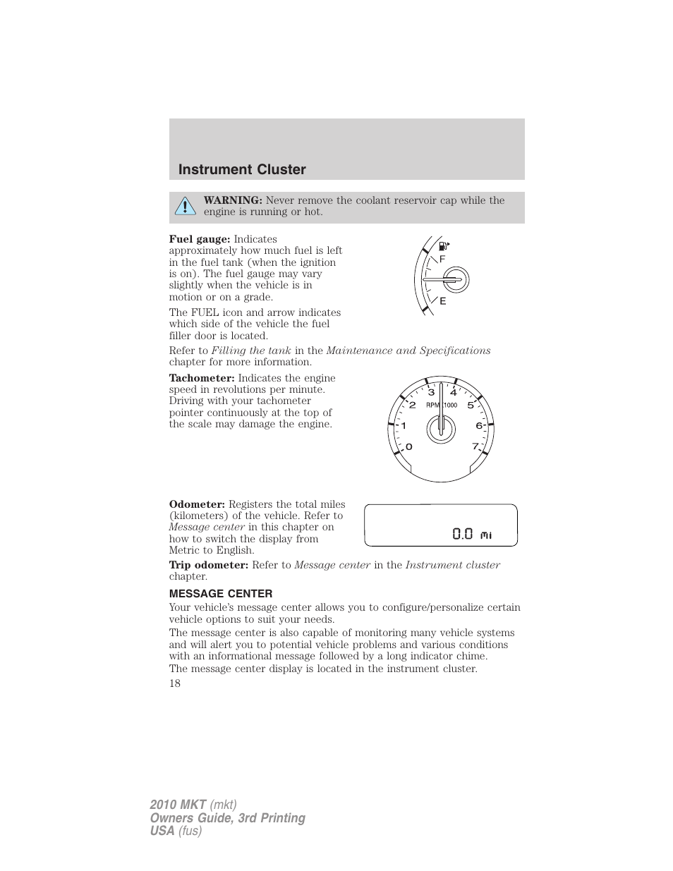 Message center, Instrument cluster | Lincoln 2010 MKT User Manual | Page 18 / 433