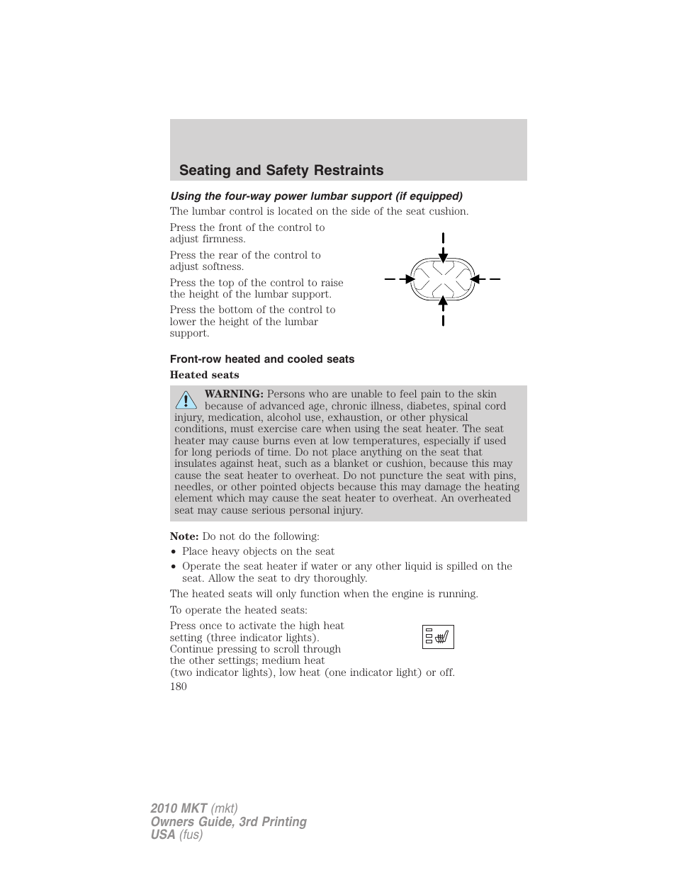Front-row heated and cooled seats, Seating and safety restraints | Lincoln 2010 MKT User Manual | Page 180 / 433