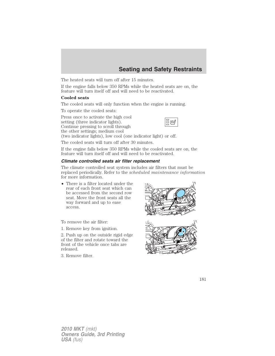 Climate controlled seats air filter replacement, Seating and safety restraints | Lincoln 2010 MKT User Manual | Page 181 / 433