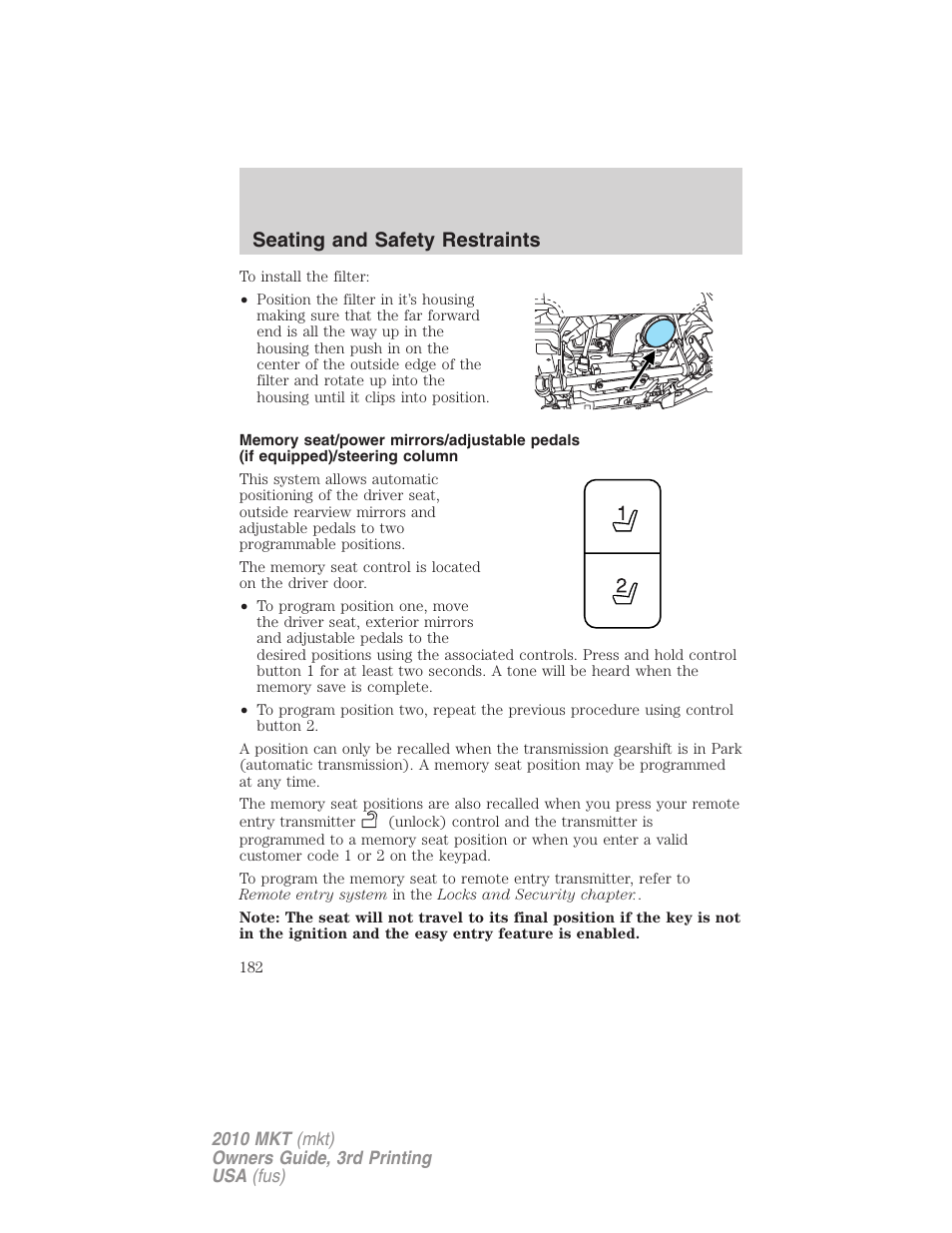 Seating and safety restraints | Lincoln 2010 MKT User Manual | Page 182 / 433