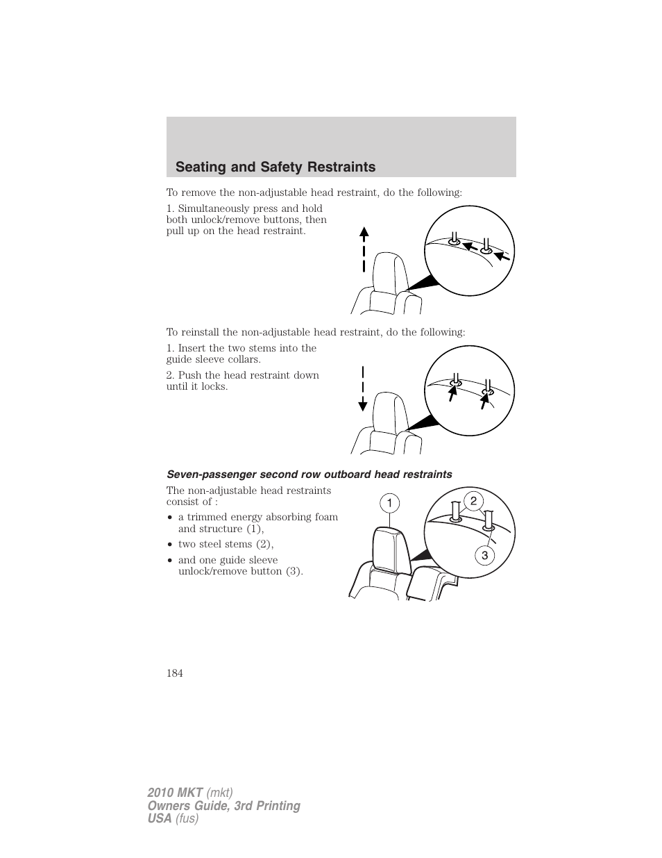 Seating and safety restraints | Lincoln 2010 MKT User Manual | Page 184 / 433