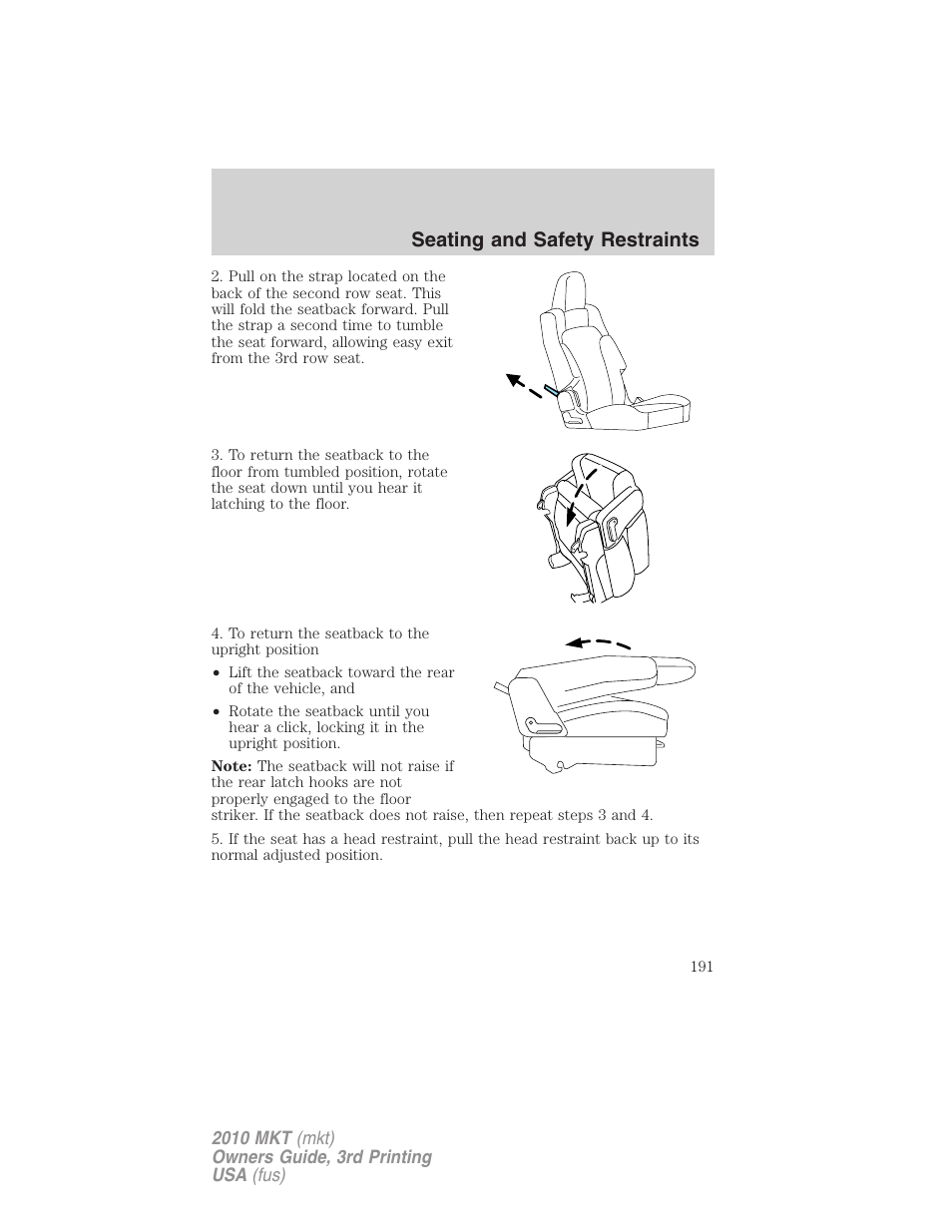 Seating and safety restraints | Lincoln 2010 MKT User Manual | Page 191 / 433