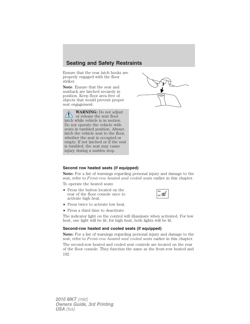 Second row heated seats (if equipped), Second-row heated and cooled seats (if equipped), Seating and safety restraints | Lincoln 2010 MKT User Manual | Page 192 / 433