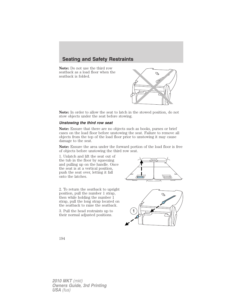 Unstowing the third row seat, Seating and safety restraints | Lincoln 2010 MKT User Manual | Page 194 / 433