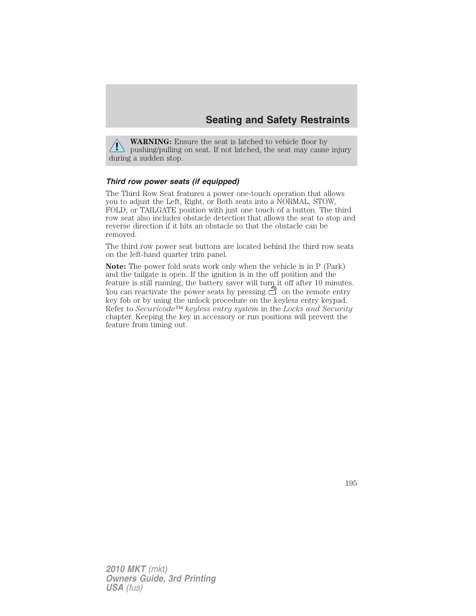Third row power seats (if equipped), Seating and safety restraints | Lincoln 2010 MKT User Manual | Page 195 / 433