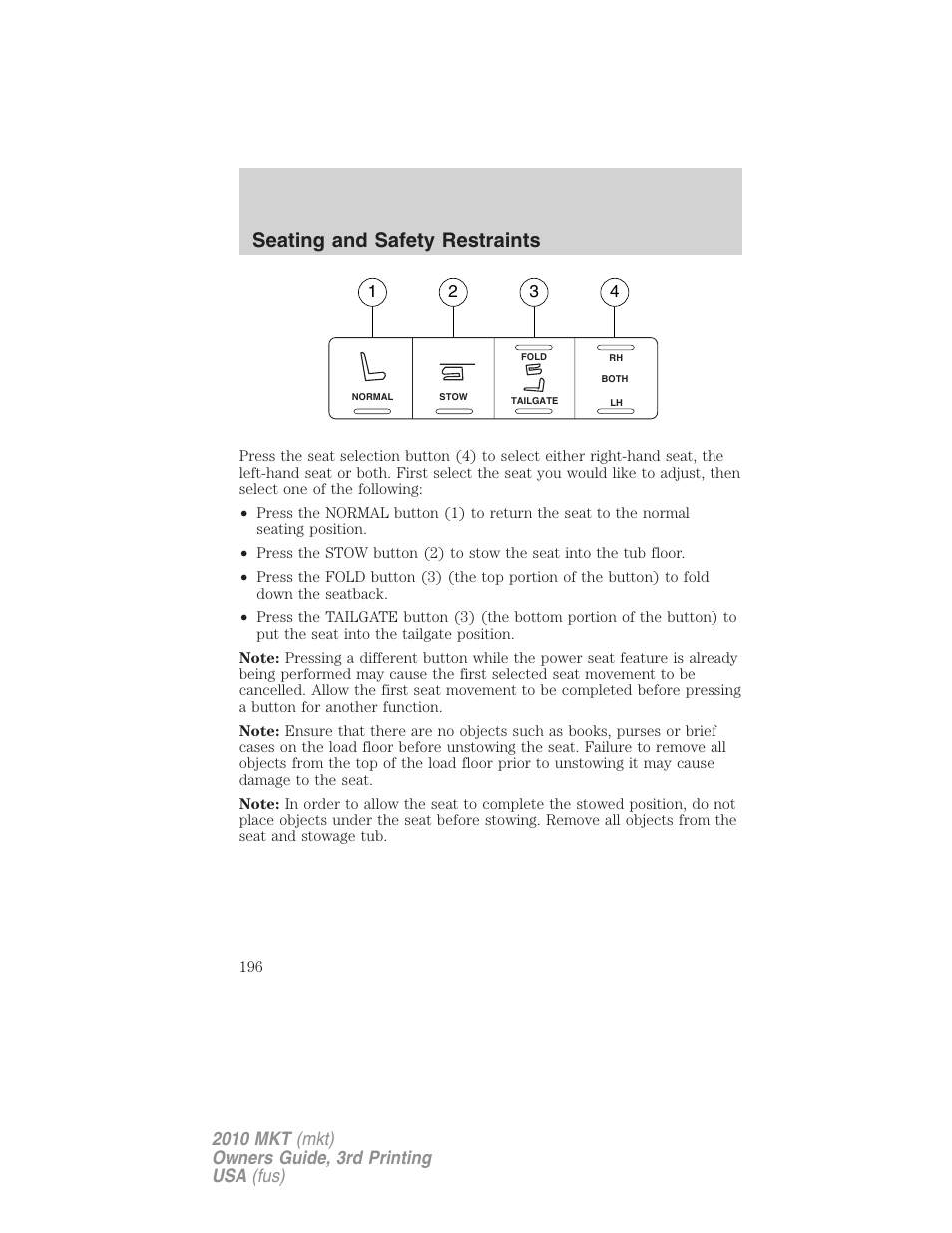 Seating and safety restraints | Lincoln 2010 MKT User Manual | Page 196 / 433