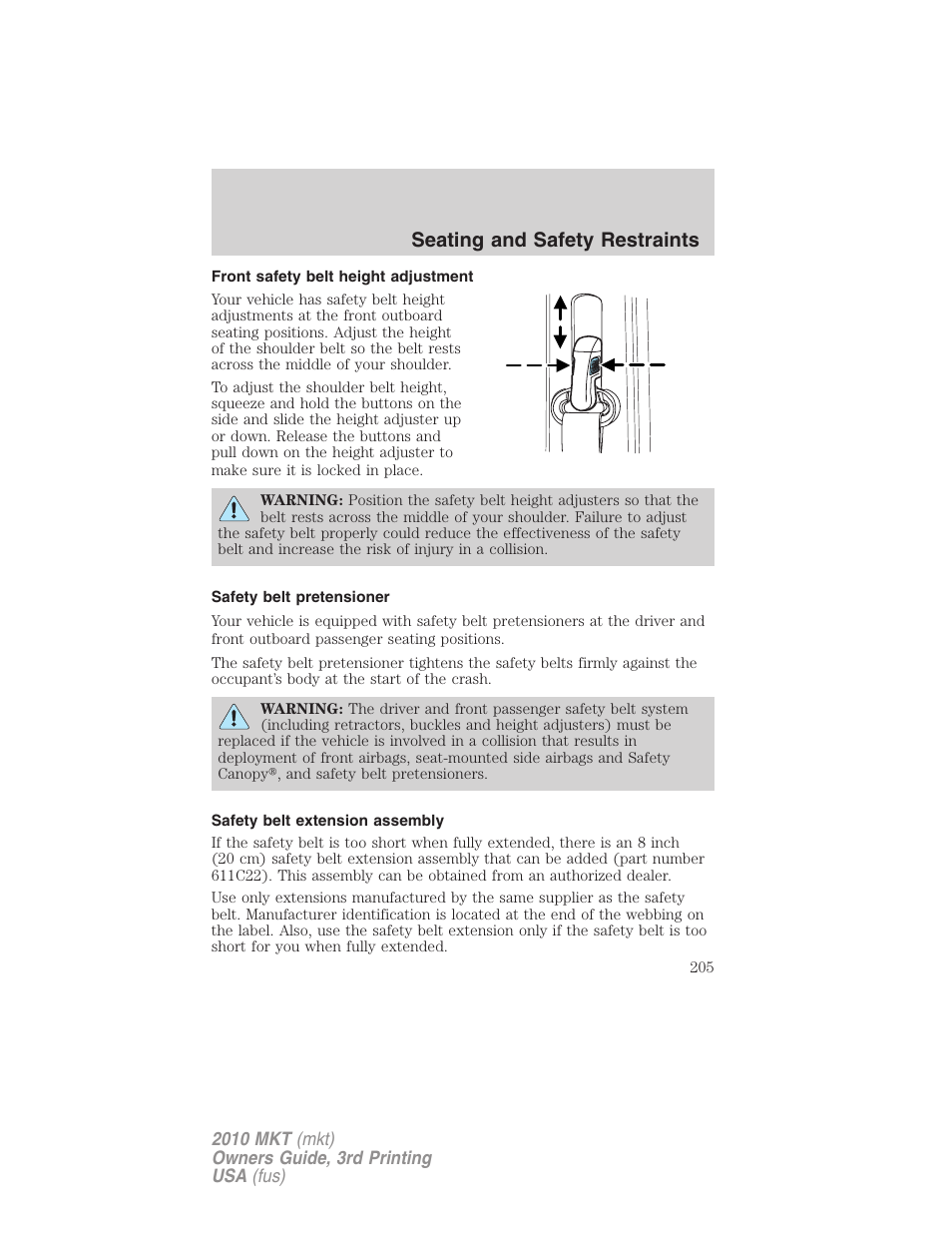 Front safety belt height adjustment, Safety belt pretensioner, Safety belt extension assembly | Seating and safety restraints | Lincoln 2010 MKT User Manual | Page 205 / 433