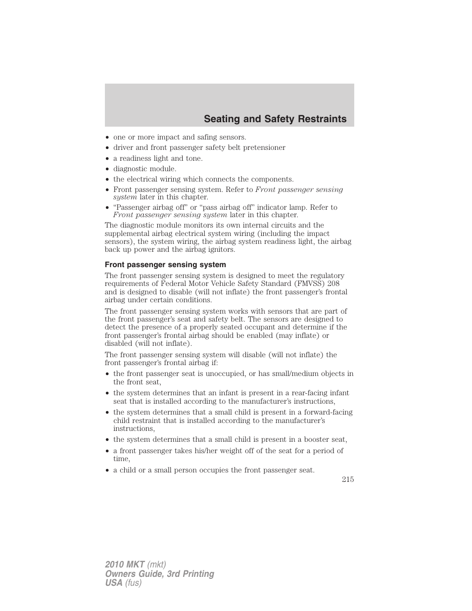 Front passenger sensing system, Seating and safety restraints | Lincoln 2010 MKT User Manual | Page 215 / 433