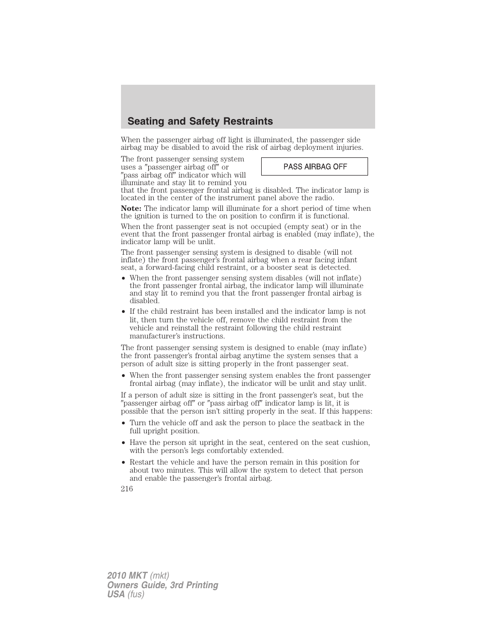 Seating and safety restraints | Lincoln 2010 MKT User Manual | Page 216 / 433