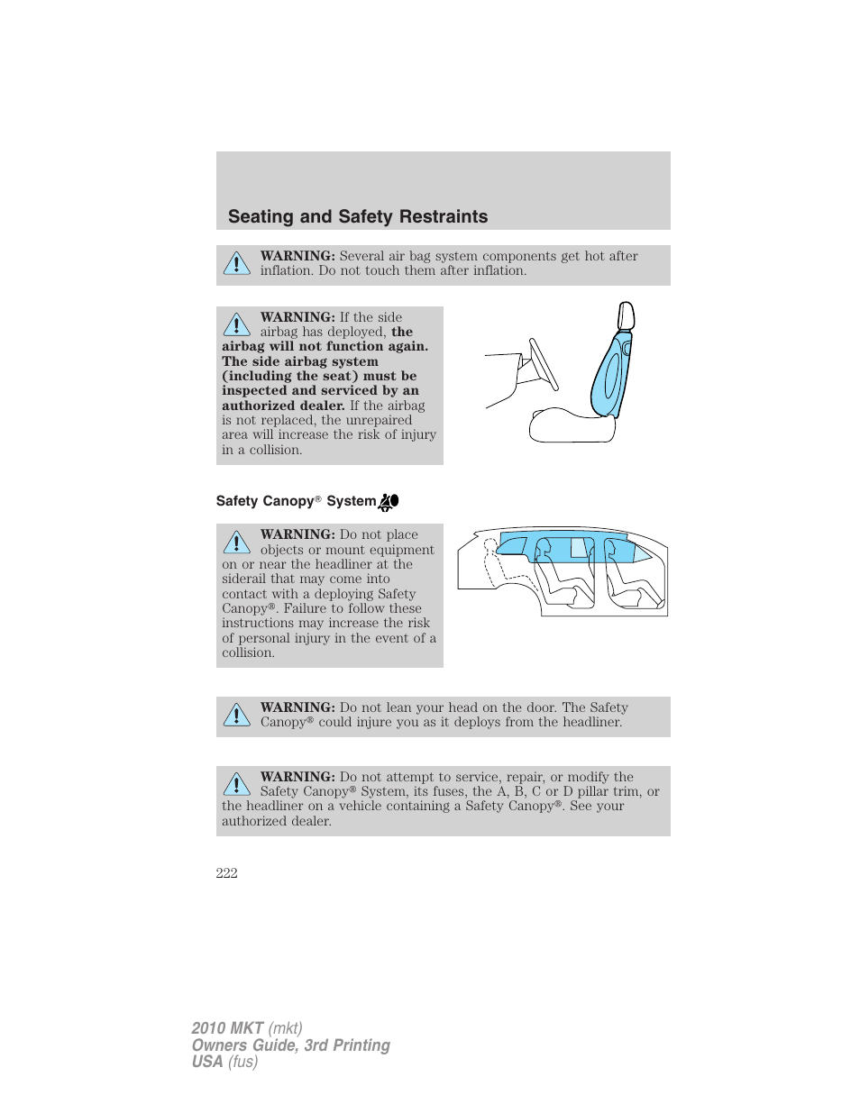 Safety canopy system, Seating and safety restraints | Lincoln 2010 MKT User Manual | Page 222 / 433