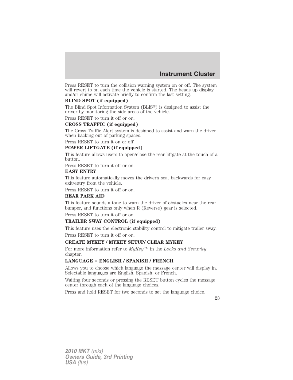 Instrument cluster | Lincoln 2010 MKT User Manual | Page 23 / 433