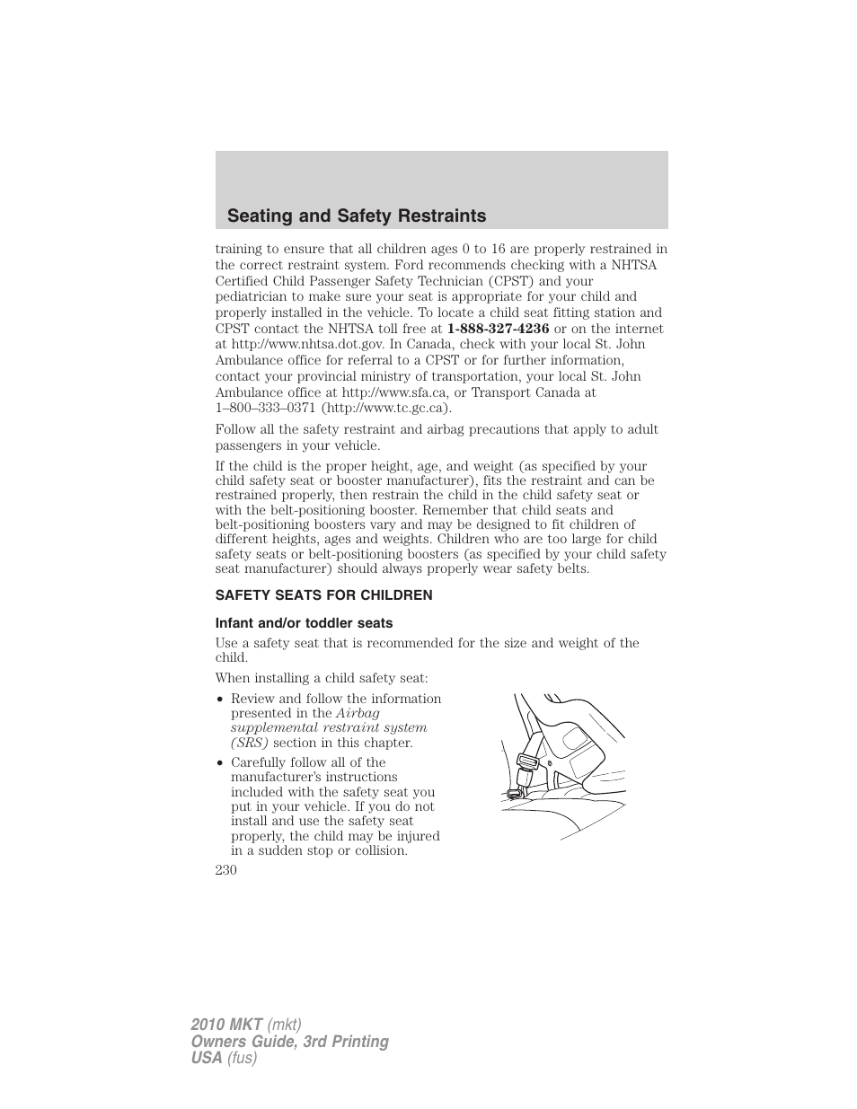 Safety seats for children, Infant and/or toddler seats, Seating and safety restraints | Lincoln 2010 MKT User Manual | Page 230 / 433