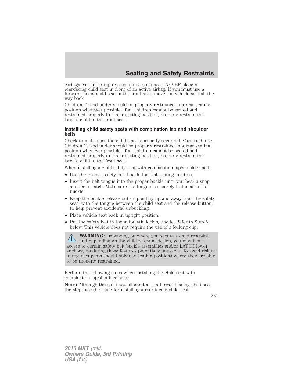 Seating and safety restraints | Lincoln 2010 MKT User Manual | Page 231 / 433