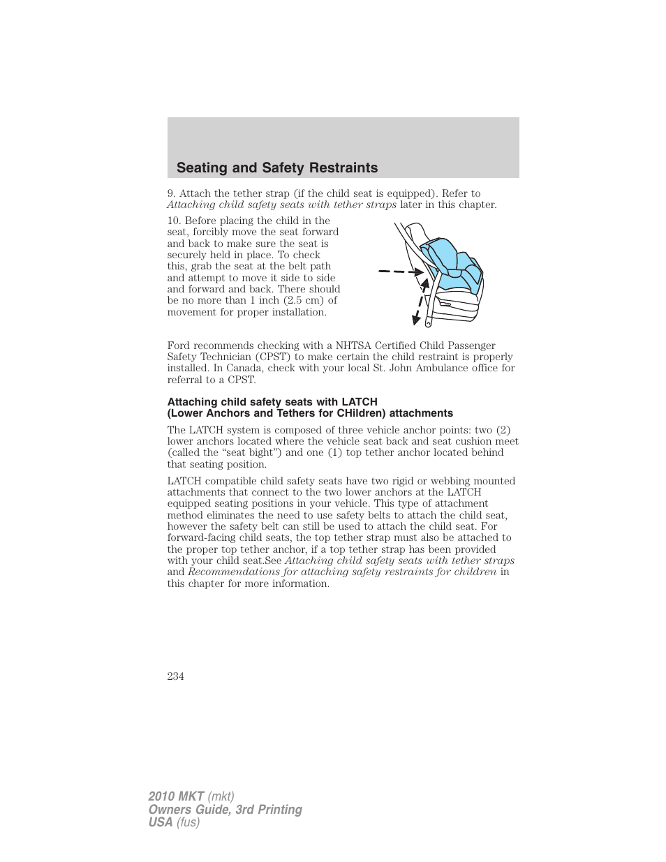 Seating and safety restraints | Lincoln 2010 MKT User Manual | Page 234 / 433