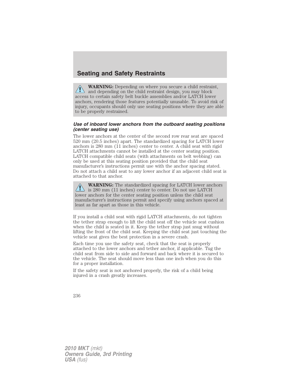 Seating and safety restraints | Lincoln 2010 MKT User Manual | Page 236 / 433