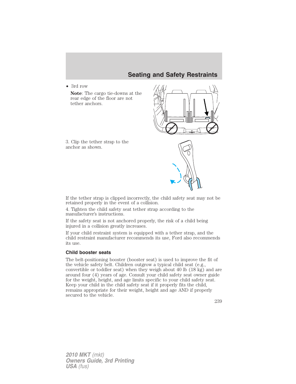 Child booster seats, Seating and safety restraints | Lincoln 2010 MKT User Manual | Page 239 / 433