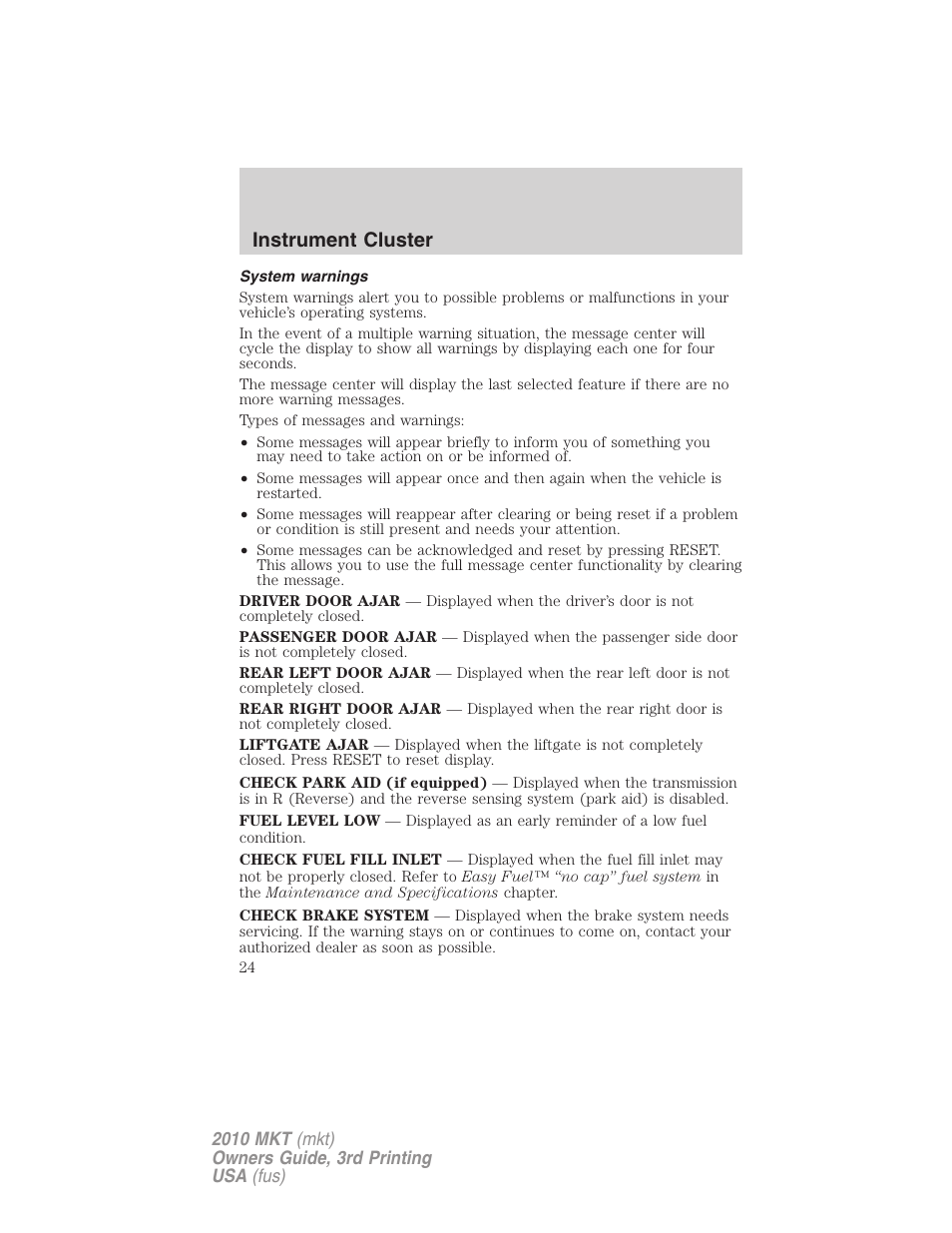 System warnings, Instrument cluster | Lincoln 2010 MKT User Manual | Page 24 / 433