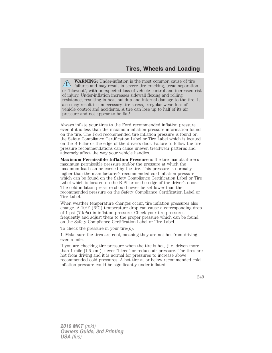 Tires, wheels and loading | Lincoln 2010 MKT User Manual | Page 249 / 433